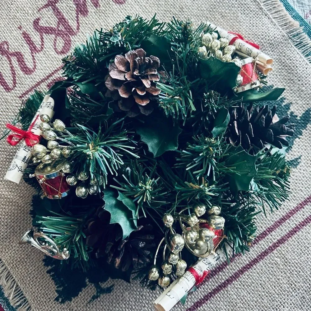 Vintage Evergreen Pinecone Drummer & French Horn Christmas Wreath Candle Ring